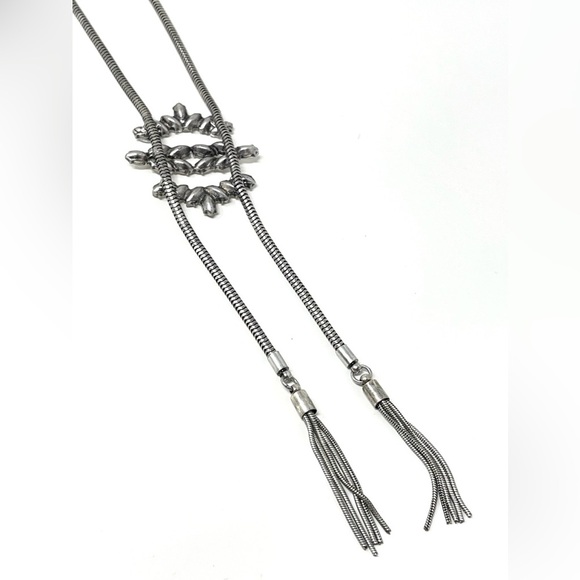 New Free People Lariat Rhinestone Silver Lariat Tassel Necklace - Picture 4 of 5